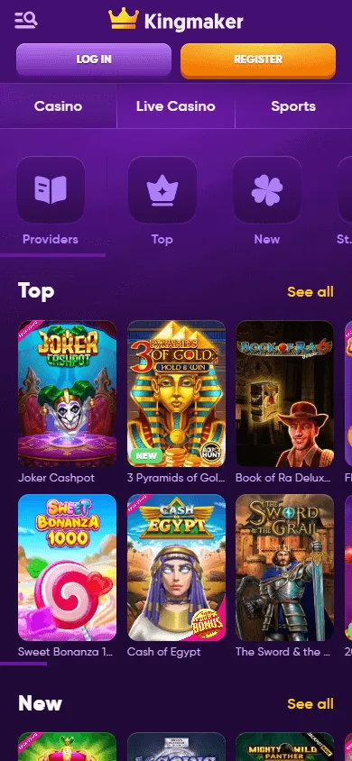 King Maker Casino games screen on a mobile browser
