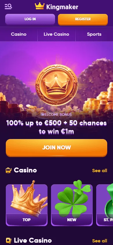 King Maker Casino home screen on a mobile browser