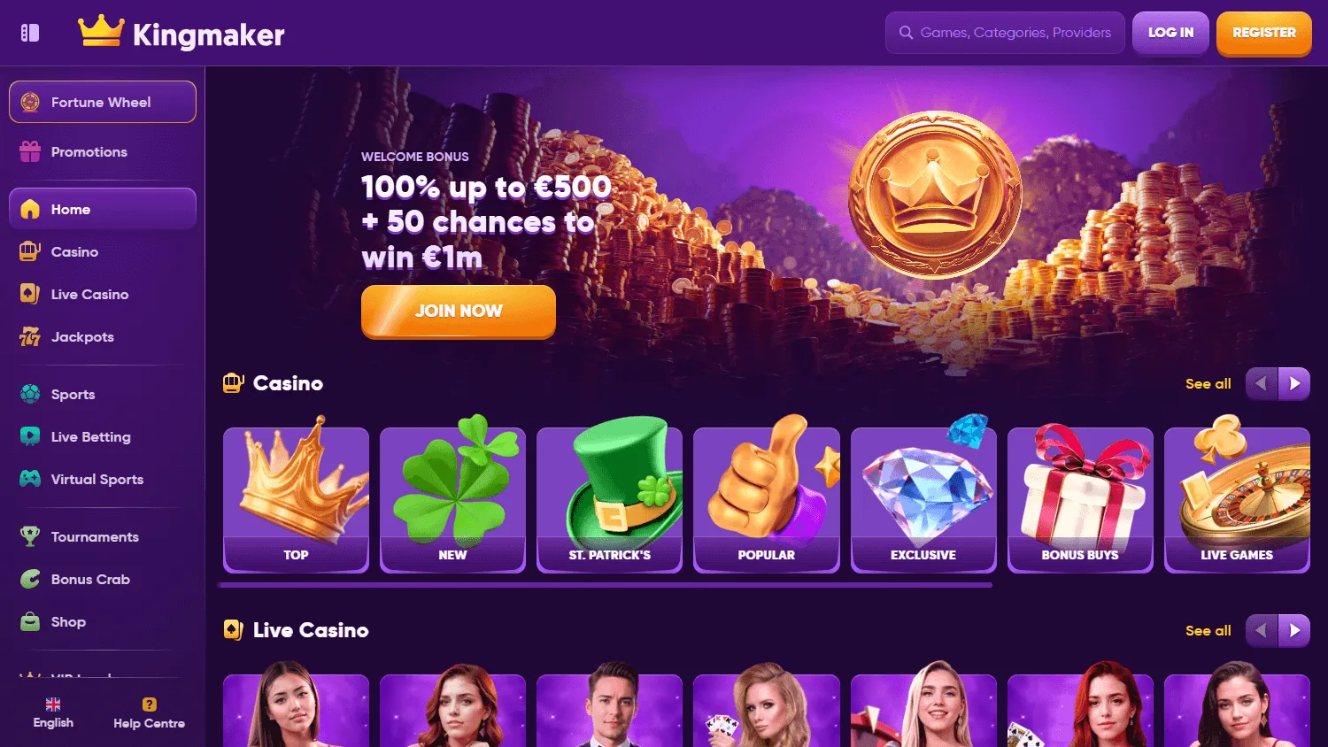 King Maker Casino home screen on desktop