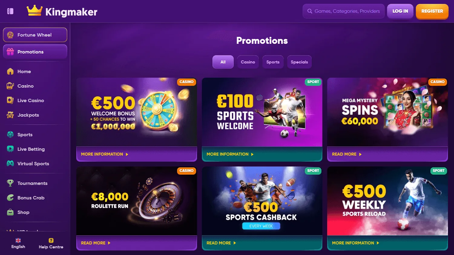 King Maker Casino promotions screen on desktop