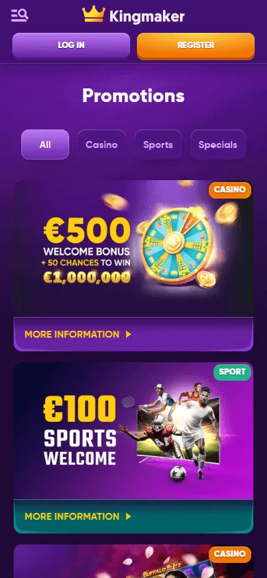 King Maker Casino promotions screen on a mobile browser